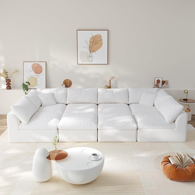 Modular Sectional Sofa Boneless Cloud Couch for Living Room, U Shape Deep Seat Recliner Sofa with Ottoman, Adjustable Backrest & 2 Throw Pillows - Covers Washable, (White, 6 Seater+2 Ottoman)