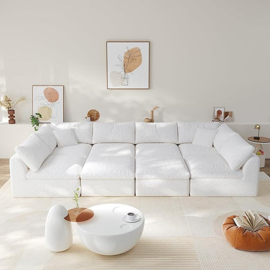 Modular Sectional Sofa Boneless Cloud Couch for Living Room, U Shape Deep Seat Recliner Sofa with Ottoman, Adjustable Backrest & 2 Throw Pillows - Covers Washable, (White, 6 Seater+2 Ottoman)