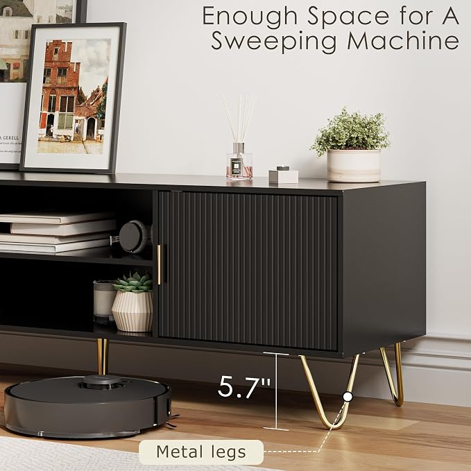 TV Stand for 55-65 inch TV, Entertainment Center with Soft Hinge Door,TV Console Table with 2 Cabinets with Gold Handle and Feet,for Living Room, Bedroom, Black - Image 6