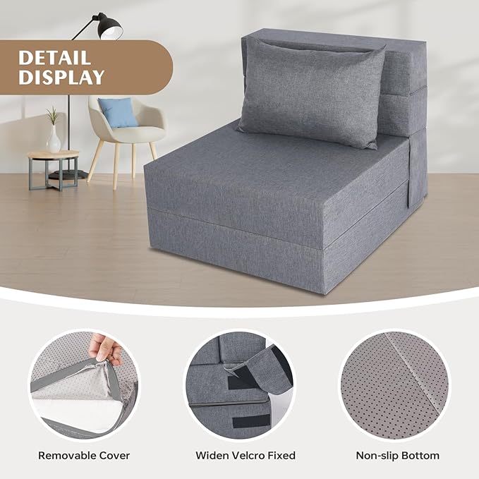Folding Sofa Bed, Convertible Futon Sofa Bed with Pillow, Fold Out Couch with Washable Cover, Foldable Sleeper Chair for Living Room, Dorm, Guest Room, Single Size, Light Grey