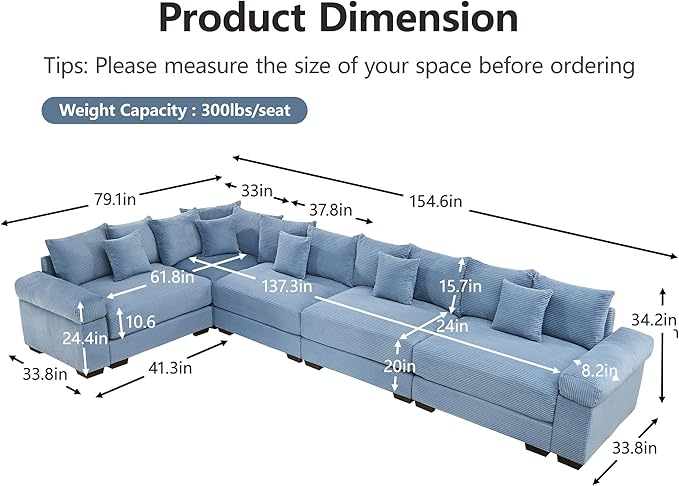 KEIKI 146" L-Shaped Oversized Corduroy Modular Cloud Sectional Sofa with High-Density Foam Cushion, Extra-Thick Armrest, Convertible 5-Seater Fluffy Corner Couch with 18 Pillow, for Living Room, Blue