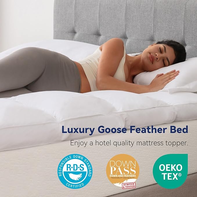 3 Inch White Goose Feather Mattress Topper,Twin Feather Bed Topper,Mattress Cover with Straps,Ultra Soft Pillowtop,100% Cotton Fabric(39”x75”)