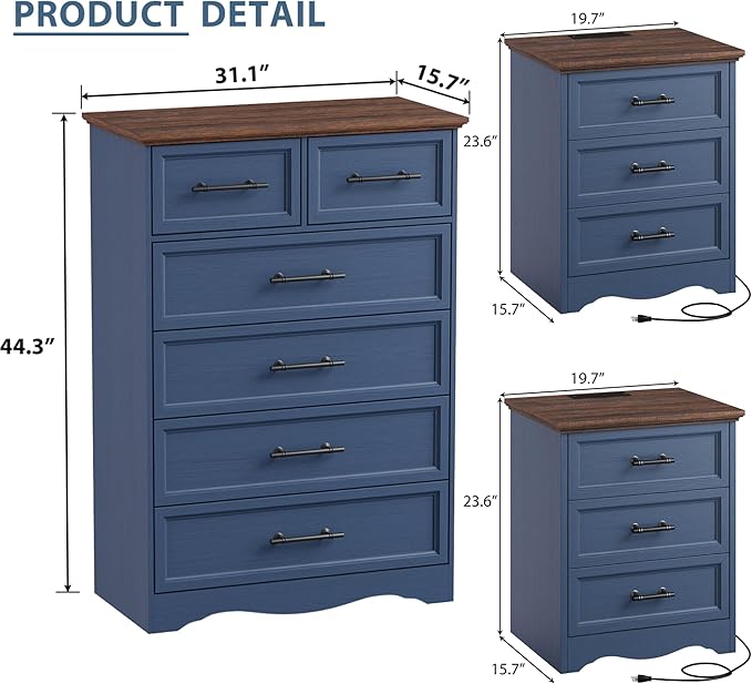 Bedroom Set, 3 Pieces Bedroom Furniture Set, Wood 6 Drawer Dresser and 3 Drawers Nightstands with Charging Station, Farmhouse Storage Organizer Cabinet for Bedroom, Blue