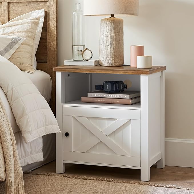 Pipishell Night Stand Set 2, Farmhouse Bedside Table Set of 2 with Open Shelf, Enclosed Cabinet, USB Port & AC Outlet, Wood Side Table with Storage for Bedroom, White and Brown, 2 Pack - Image 8