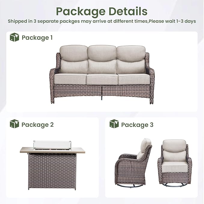 Luxury Patio Furniture Set with 6-inch Thick Cushion, Outdoor Furniture with Fire Pit Table, Swivel Chairs, Sofa, 4pcs Wicker Conversation Set for Deck Yard and Poolside(Beige)