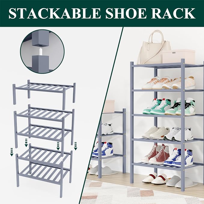 Smiry Shoe Rack, 4 Tier Small Bamboo Shoe Organizer, Stackable Free Standing Wooden Shoe Storage Shelf for Closet, Entryway, Front Door Entrance, Grey - Image 4