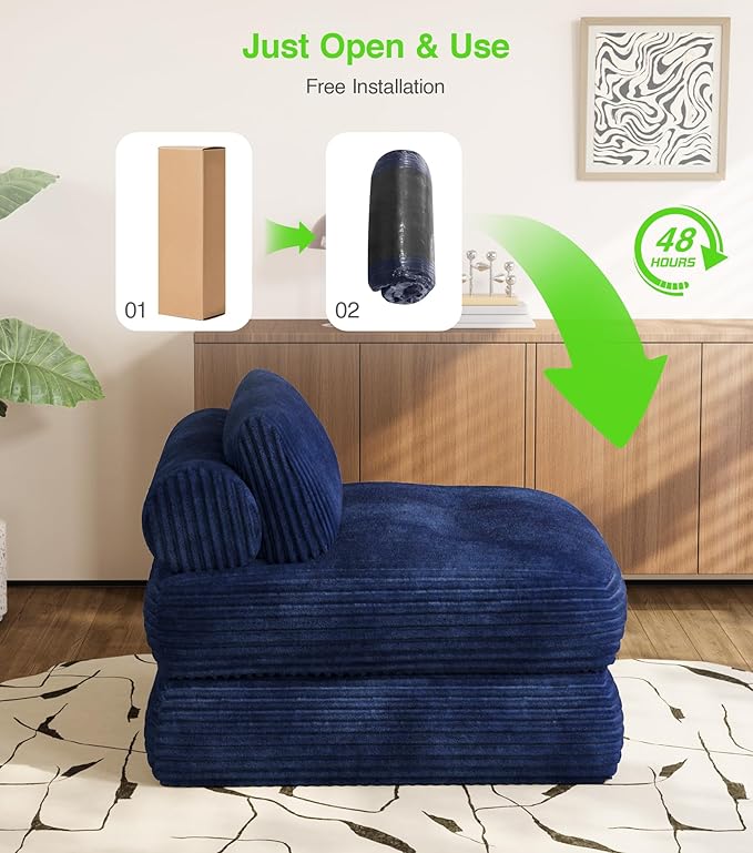 Plush Corduroy Folding Sofa Bed, Free Setup Floor Beds, 34" Boneless Couch for Small Spaces, Corner Chair, Convertible Sleeper Chair, Corner Couch, Foldable Sleeper Sofa Beds, Blue