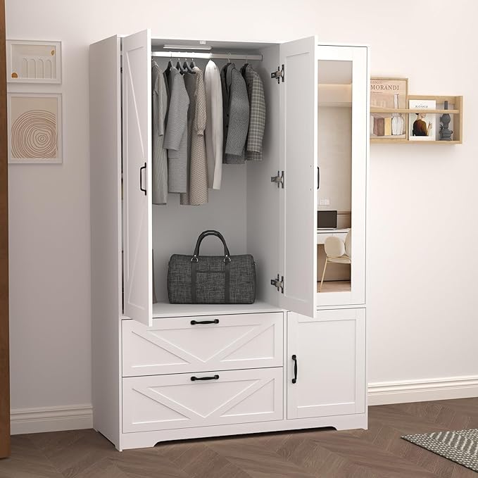 Armoire Wardrobe Closet with Drawers and Mirror, 72" Bedroom Wardrobe Cabinet with Motion Sensor Light, Hanging Rod & Adjustable Shelves, Bedroom Clothing Storage Closet with 3 Doors