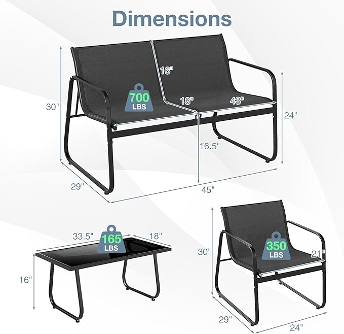 HAPPYGRILL 4 Pieces Patio Conversation Set, Fabric Lawn Chairs and Loveseat with Tempered Glass Coffee Table, Heavy Duty Metal Frame, Outdoor Furniture Set for Porch, Garden and Poolside