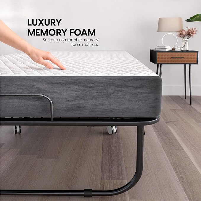 EconoHome Folding Bed with Mattress - 75x31 Cot Size Frame - Portable Rollaway Guest Bed with 5-inch Memory Foam Mattress - Space-Saving Foldable Design for Easy Storage (31 Inch)
