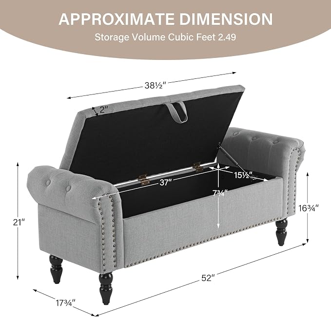 Furnimart Storage Ottoman Bench for Queen Size Bed, Faux Linen Upholstered Storage Bench Accent Bench with Rolled Arms for Bedroom,Living Room, Entryway, 2.5Cubic Feet - Image 2