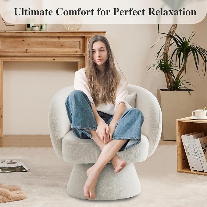 360° Swivel Accent Chair, Modern Velvet Barrel Chair with Pillow, Upholstered Single Sofa for Living Room, Bedroom, Office, Ivory