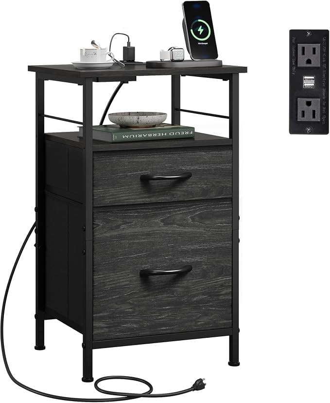 WLIVE Nightstand with Charging Station, Side Table with 2 Fabric Drawers, End Tables for Bedroom, Small Dresser, USB Ports and Outlets, Charcoal Black by WLIVE