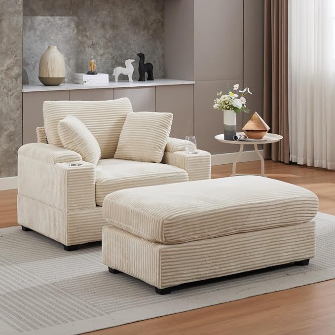 KEIKI Oversized Accent Chair with Ottoman, Chaise Lounge Chair Indoor with Handrail Storage, Cupholders, Oversized Sofa Bed, Deep Seat Sleeper Couch Reading Chairs for Living Room, Beige