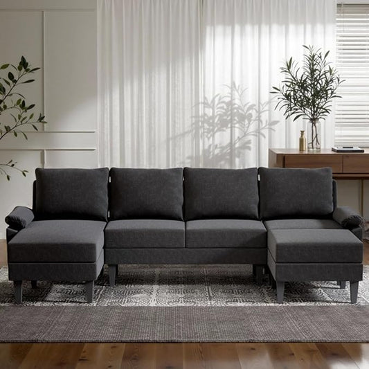 Sectional Couches for Living Room Furniture Sets, 4 Seat L Shaped Couches with Ottoman, Modular Sectional Sofa for Apartment Furniture Sets, Linen Black