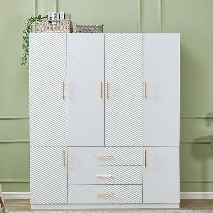GraceGrove Armoire Wardrobe Closet with 3 Drawers and 4 Door Armoire Cabinet Closet Wood High Storage Capacity and Hanging Rail for Bedroom White
