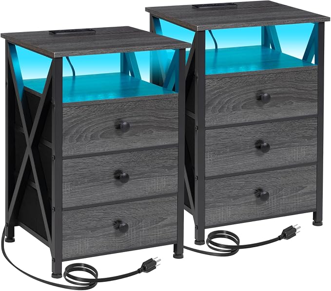 AMHANCIBLE Night Stand Set 2, LED Nightstand with Charging Station, End Side Tables with USB Port & Outlet, Bedside Table with Fabric Drawers for Bedroom, Dark Grey, HET053LDG by AMHANCIBLE