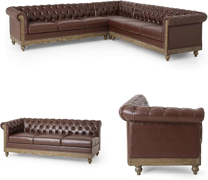 Merax PU Chesterfield Sofa, Retro Upholstered 6 Seater Leather Rolled Arm Couch for Living Room Bedroom, Dark Brown