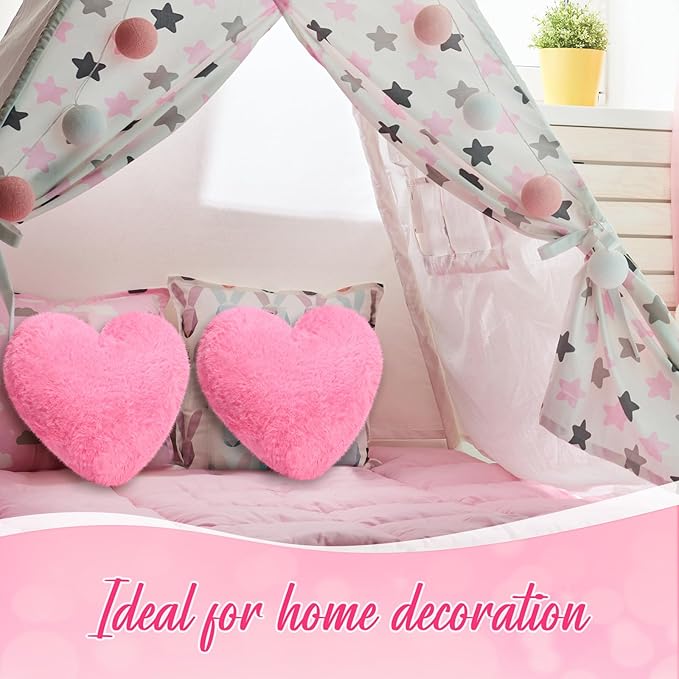 Marsui 2 Pcs Heart Throw Pillows, Soft Fluffy Faux Fur Decorative Hearts Shaped Pillows for Living Room Sofa Bed, Cute Heart Themed Gift for Women(Bright Pink,11.81 x 11.02 Inch)