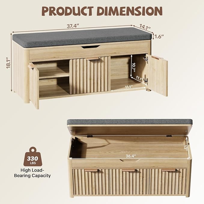 Shoe Bench with Storage - Lift Top Entryway Bench with Hidden Storage, Shoe Rack with Adjustable Shelves and Cushioned Seat, Wooden End of Bed Bench for Bedroom, Living Room and Hallway,Nature - Image 2