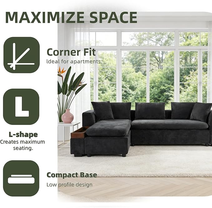 93.7" L-Shaped Sectional Sofa with Storage Chaise, Modern Couch for Living Room, Chenille Upholstered Couch with Deep Seats & Throw Pillows, Modern Corner Sofa for Living Room, Black