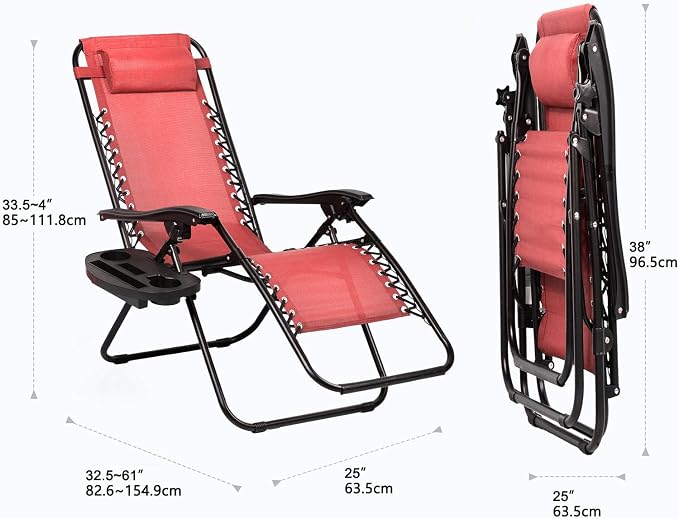 Nazhura Set of 2 Relaxing Recliners Patio Chairs Adjustable Steel Mesh Zero Gravity Lounge Chair Beach Chairs with Pillow and Cup Holder Khaki (Pink) - Image 3