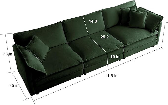 KEIKI Combination Sofa, Upholstered 3 Seater Couch, Oversized Sectional Sofa with Reversible Ottoman for Living Room Bedroom Office, Green