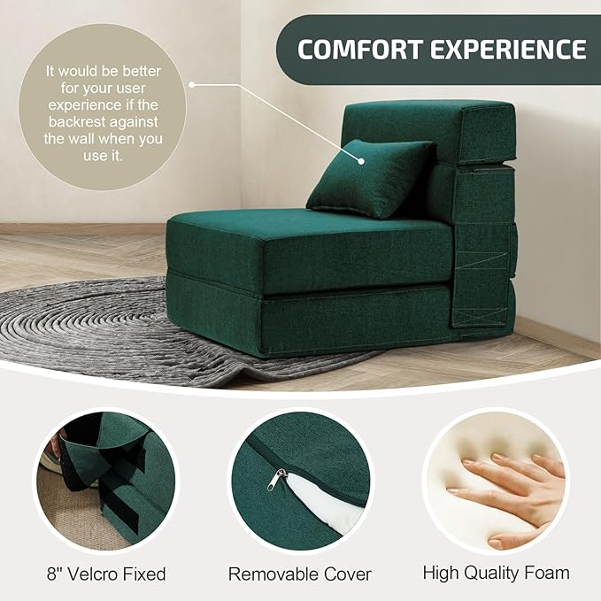 Folding Sofa Bed with Pillow- Convertible Chair Floor Couch & Sleeping Mattress, Foldable Memory Foam Sleeper for Living Room/Dorm/Guest Room/Home Office/Apartment/Loft, Single26, Dark Green