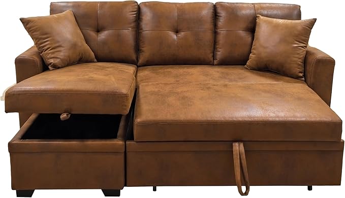 76.5" Sectional Sleeper Sofa with Pull Out Bed, L Shaped 3 Seat Sectional Couches for Living Room,Pull Out Couch Convertible Sofa Bed with Reversible Storage Chaise & 2 Pillows,Brown