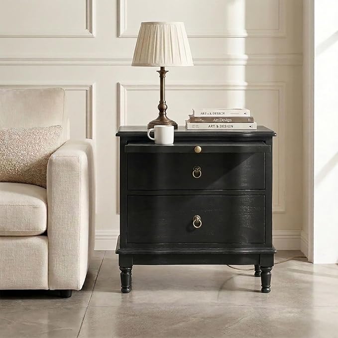 HULALA HOME Solid Wood Storage End Table with Hidden Pull-Out Shelf, Transitional 2 Drawer Side Table with Charging Station, Large SideTable with USB Ports, Easy Assembly, Charcoal by HULALAHOME