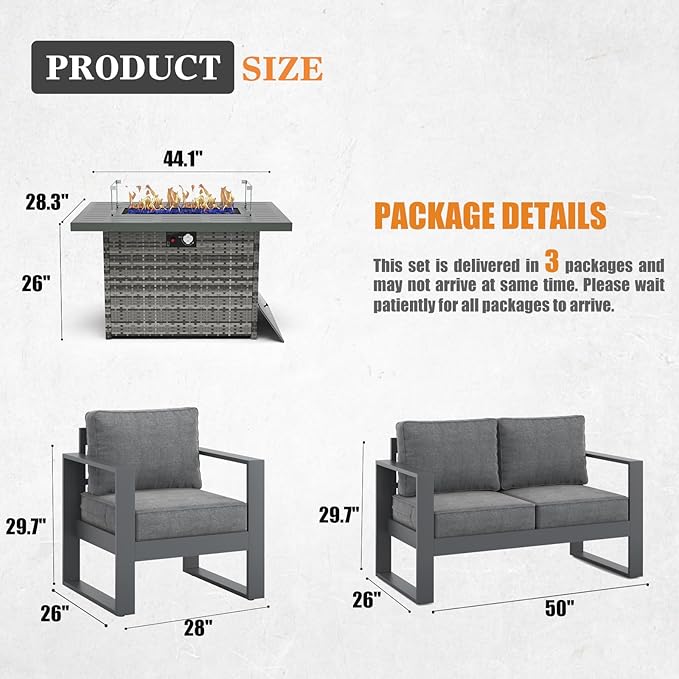 Outdoor Aluminum Furniture Set with Fire Pit Table - 4 Pieces Modern Patio Conversation Sets Metal Sectional Sofa Set
