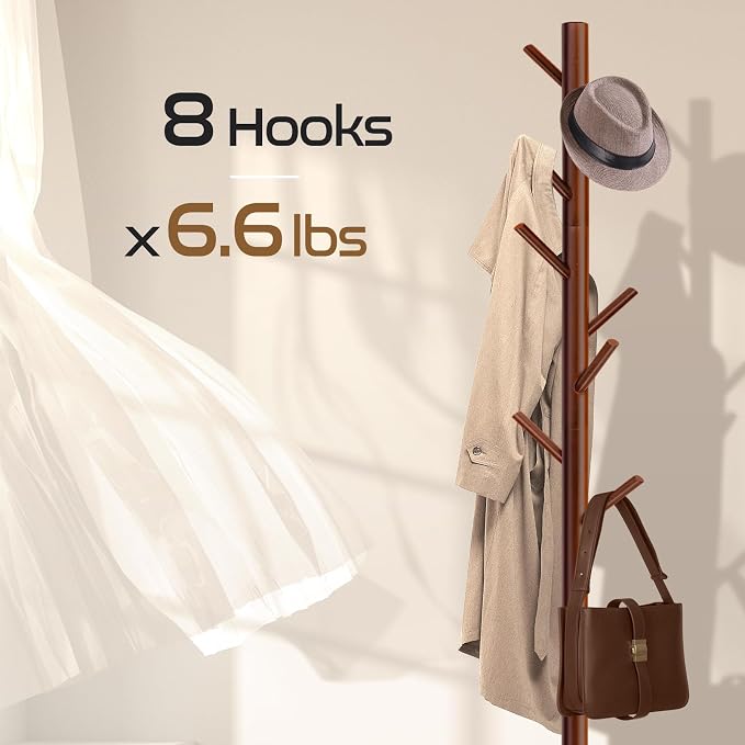 Solid Wooden Coat Rack Freestanding, New Zealand Pine Coat Tree with 8 Hooks & 3 Adjustable Sizes for Coats, Hats, Handbags and Scarves, Space Saving for Entryway/Office/Bedroom (Brown) - Image 3