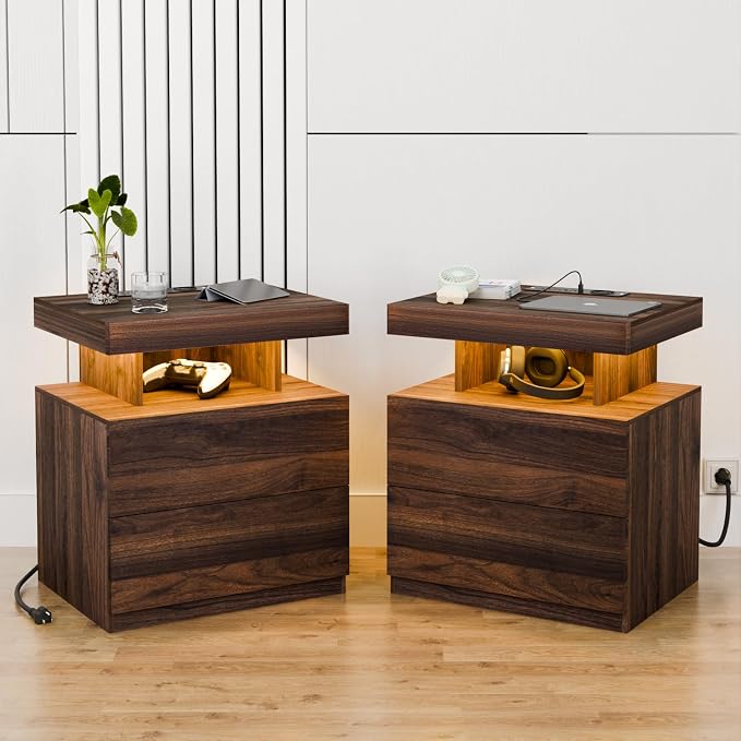 HOMMPA Set of 2 Rustic Nightstand with Wireless Charging Station LED Bedside Table with 2 Drawers End Table with Open Shelf Smart Nightstand Night Stand with Led Light for Bedroom Dark Walnut Wood by Hommpa