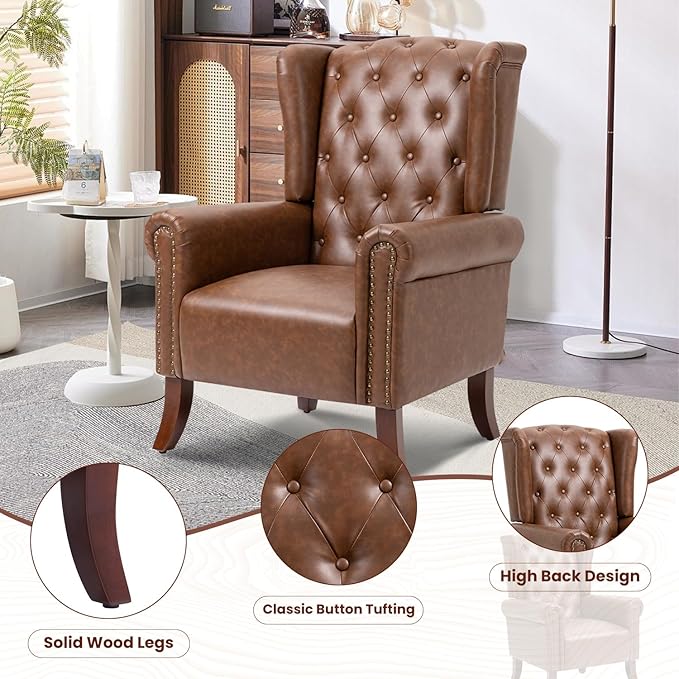 PU Leather Accent Chair Set of 2, Modern Upholstered Living Room Chair Sofa Chair with Wooden Legs, Wingback Armchair Club Chair for Bedroom,Study Room, Lounge (Brown)