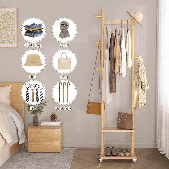 Solid Wood Coat Rack Freestanding Clothing Rack with Wheels & 2 Shelves Storage & 5 Hooks Heavy Duty Clothes Rack Wood Coat Tree Stand Hat Hanger Rack for Corner Bedroom Entryway Living Room Hotel - Image 5