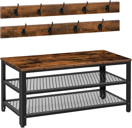 HOOBRO Hall Tree Entryway Storage Bench, Coat Rack Shoe Bench, Shoe Rack Organizer with Coat Hooks, 3-in-1 Design, Wooden Furniture with Metal Frame, Rustic Brown and Black BF171MT01 by HOOBRO