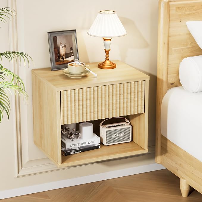 VINGLI Floating Nightstand Fluted Night Stand 1 Drawer Bed Side Table, Storage Oak Nightstand with Drawers, Wood Night Stand End Table for Bedroom, 15.75" W x 11.81" D x 12.83" H by VINGLI