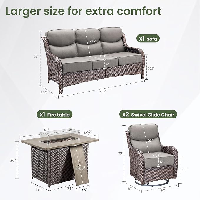 Luxury Patio Furniture Set with 6-inch Thick Cushion, Outdoor Furniture with Fire Pit Table, Swivel Chairs, Sofa, 4pcs Wicker Conversation Set for Deck Yard and Poolside(Grey)