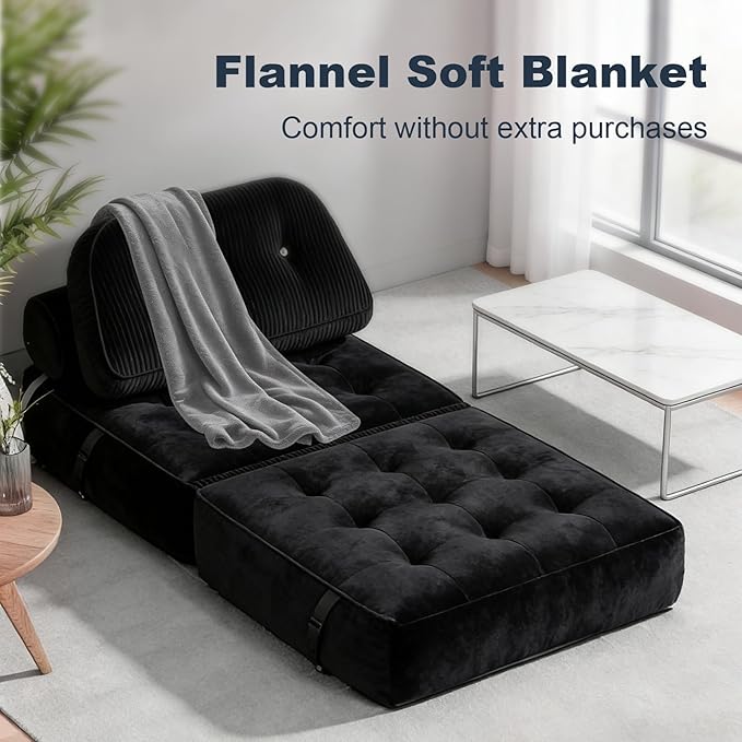Folding Sofa Bed, Flannel Futon Couch Bed with Pillow and Blanket, Convertible Sleeper Chair for Living Room Bedroom (Two Black)