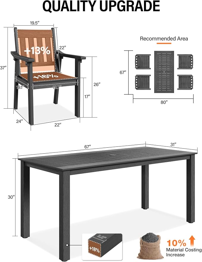 YEFU HIPS Patio Table Set: 5 Piece Outdoor Table and Chairs Dining Furniture Set with Umbrella Hole - Gray Modern Plastic Dining Sets 4 Person for Outside Deck with Metal Aluminum Frame - Image 7