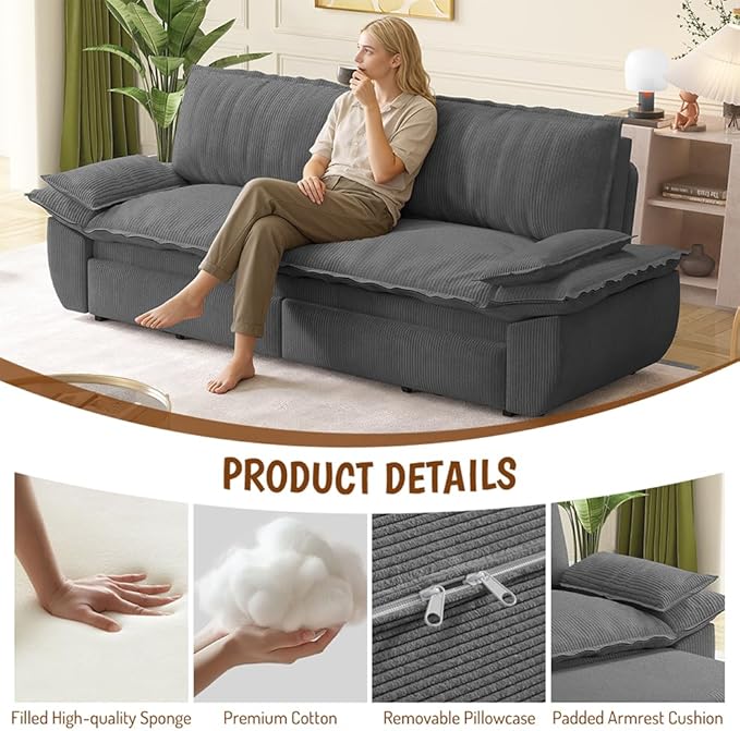 73.2" Queen Size Pull Out Sofa Bed, 3-in-1 Convertible Sleeper, Corduroy Loveseat for Living Room, Apartment, Bedroom Small Spaces, Dark Grey (Mattress & Bedding Not Included)