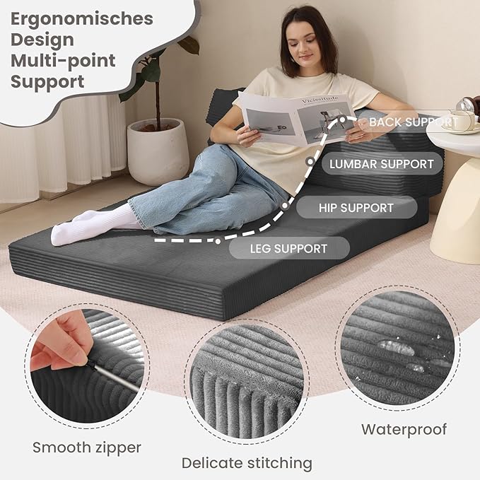 Folding Sofa Bed, Convertible Sleeper Chair with Pilow Foldable Matress, 2 in 1 Pull Out Loveseat Sofa Portable Fold Out Chair Bed Floor Couch Lounge for Living Room (Grey, Twin-41Inch)