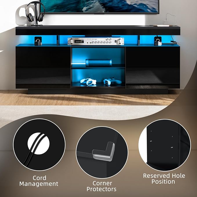 HOMMPA Modern LED TV Stand for 65/60/55 inch TV with Power Outlets - Gaming Console Storage Entertainment Center with LED Lights - Black - Image 7