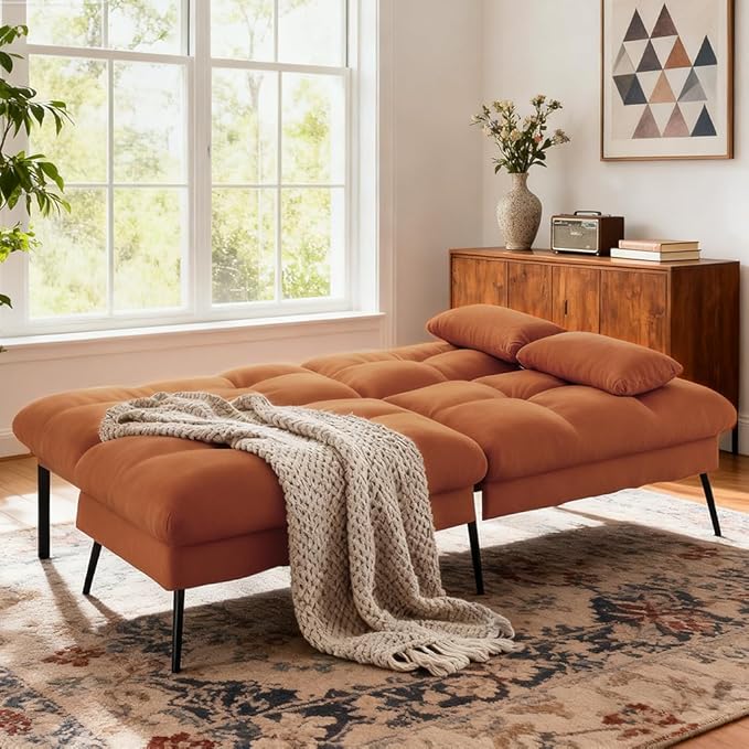 COMHOMA Convertible Sofa Bed,68″Fabric Couch with Adjustable Backrest,Loveseat Recliner Sleeper Living Room Furniture futon Set,Orange