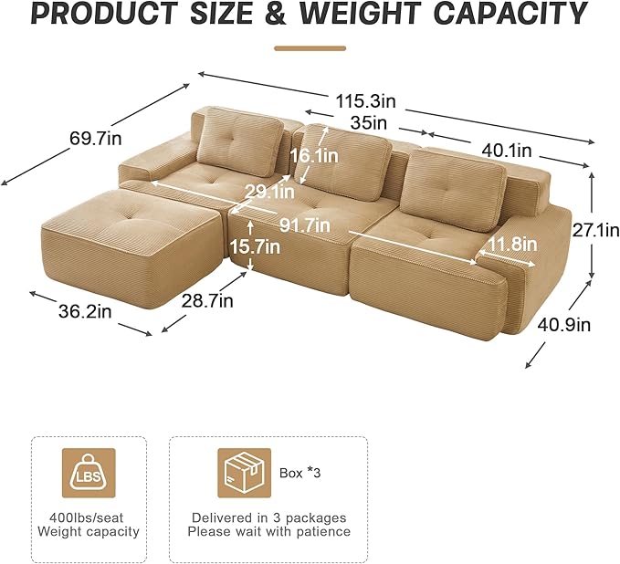 Casaphoria 115'' Boneless Sofa with Ottoman, 3-Seater Modular Couch with 3 Pillows for Living Room, L Shape Cloud Sectional Sofa, No Assembly, Camel
