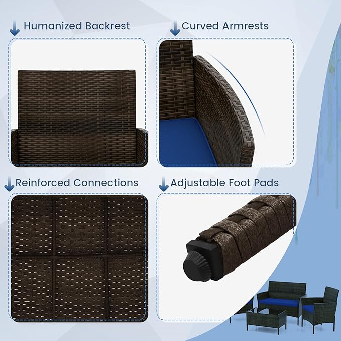 DORTALA Wicker Patio Furniture Set 4 Piece, Outdoor PE Rattan Table & Chairs Set with Tempered Glass Coffee Table, Loveseat, Cushions, Conversation Set for Balcony, Porch, Backyard, Deck, Navy