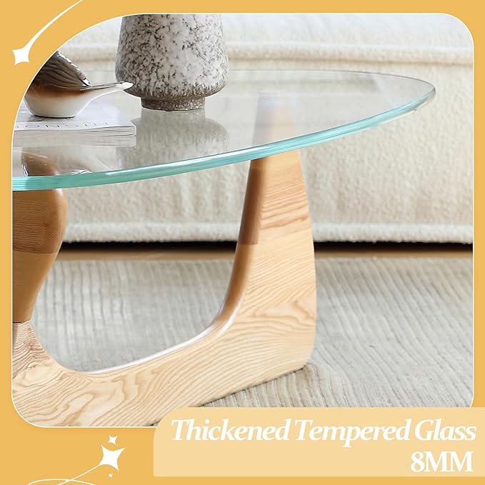Modern Large Glass Triangle Coffee Table - Unique Wooden Center Table with Wood Legs, Funky Vintage Minimalist Design for Small Spaces