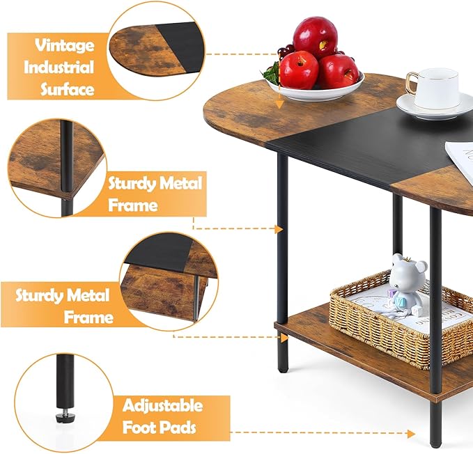 Shinoske Coffee Tables for Living Room,2-Tier Small Coffee Table Farmhouse Oval Center Table with Storage Shelf and Wood Tabletop,for Small Space,Home Office,Black & Brown
