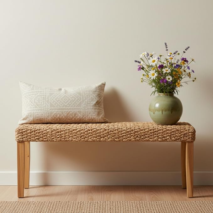 Indoor Bench Wicker for Entryway Bench, Wood Bench for Living Room Dining Bench or End of Bed Bench, 47" Boho Bench with Solid Wood Acacia & Natural Woven Seat, Rustic Farmhouse Rattan Hallway Bench - Image 6