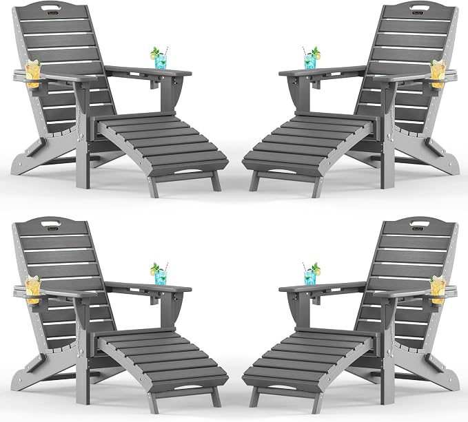 Adjustable Adirondack Chairs Set of 4 with Retractable Ottoman, HDPE Folding Adirondack Chair with Cup Holders, Weather Resistant for Backyard, Poolside & Fire Pit (Grey) by Suunyn